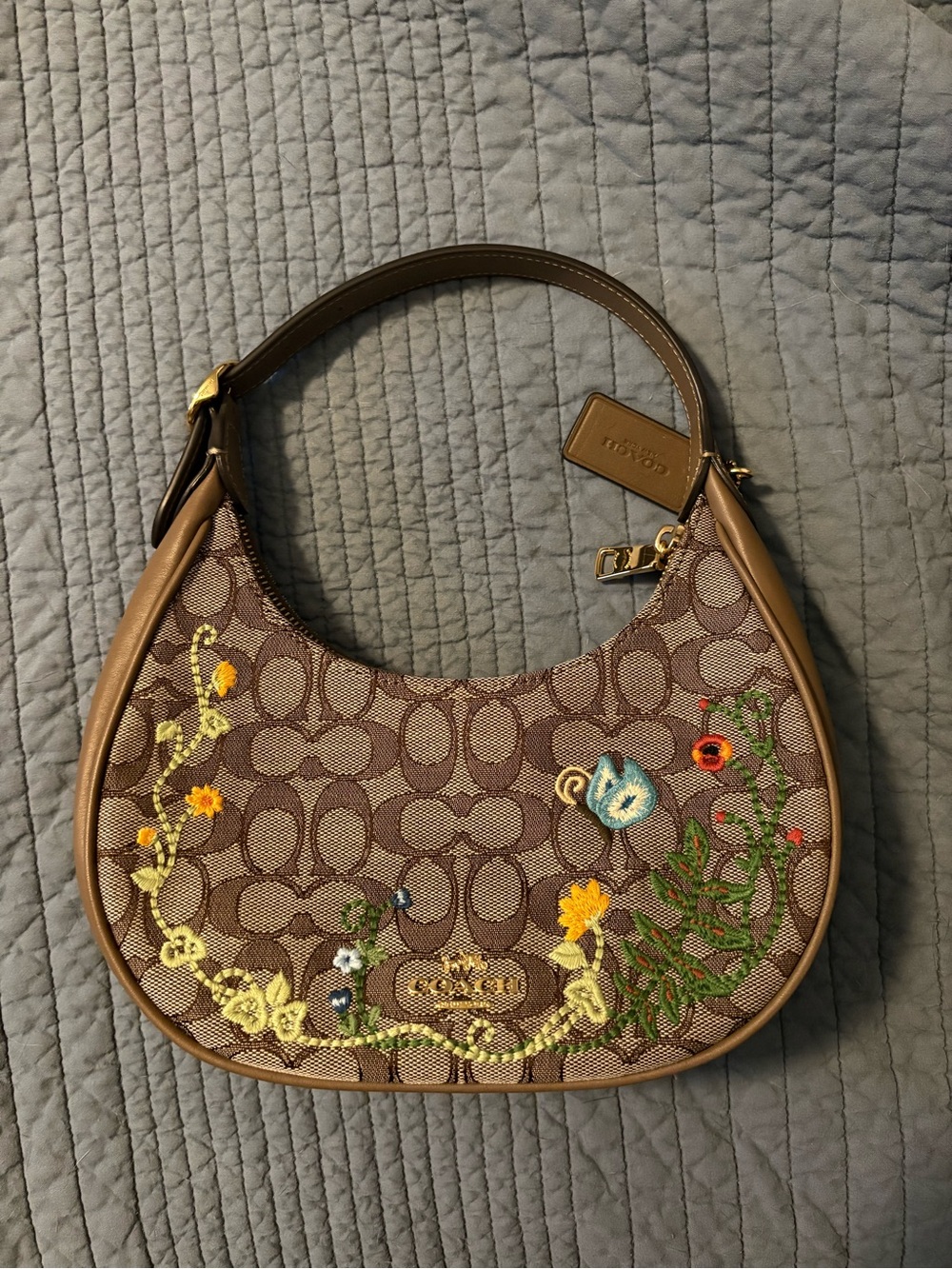 Coach Brown Signature Canvas Shoulder Bag with Floral Embroidery